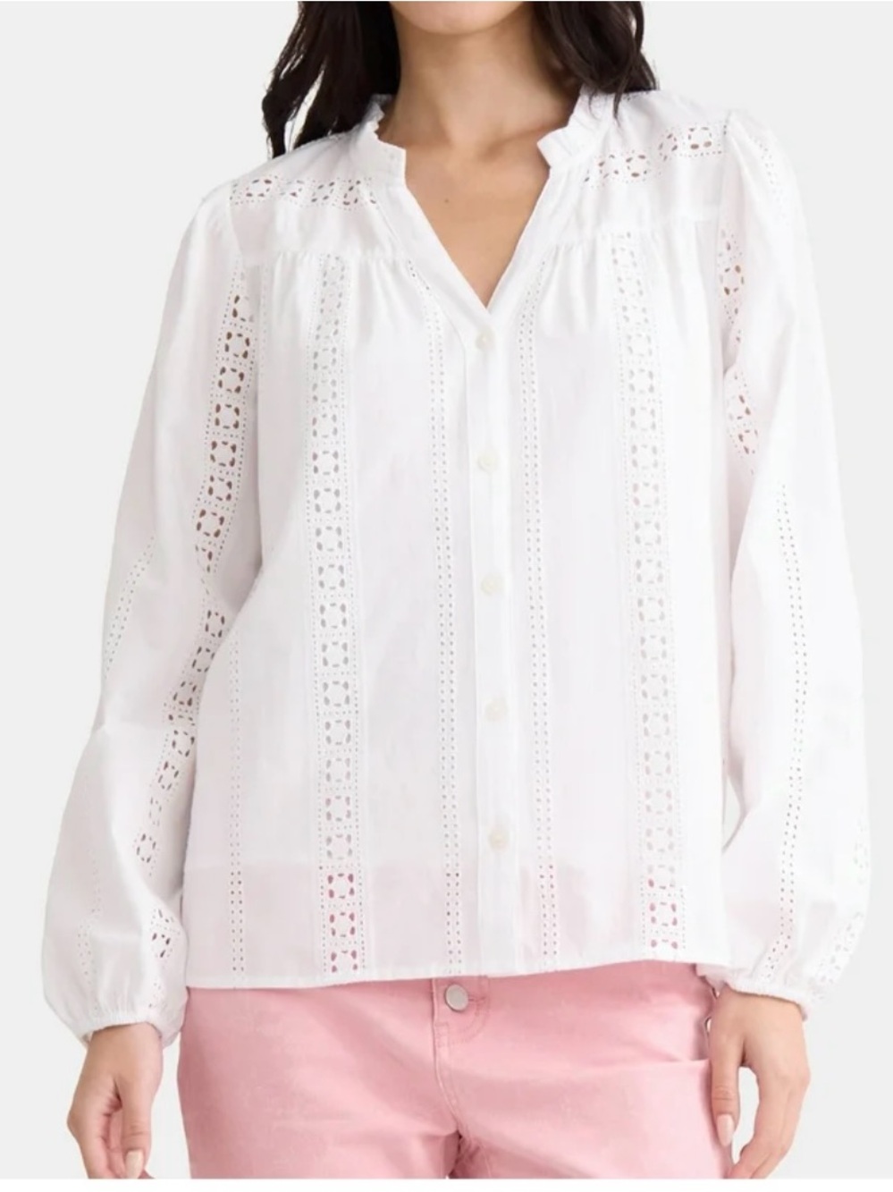 Time and Tru blouse is a white peasant top with eyelet embroidered stripes and a